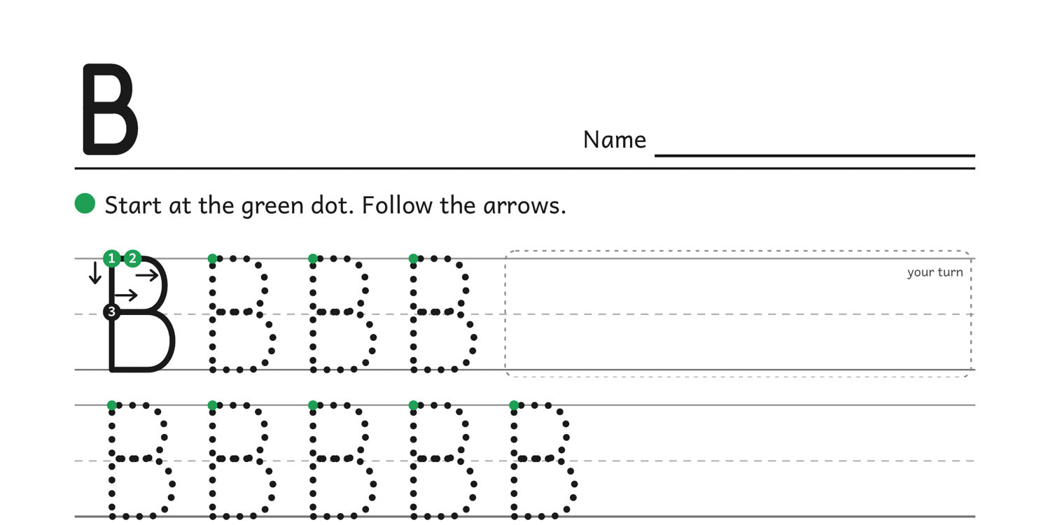 Top of the real letter B page: a green dot where each stroke starts, numbered arrows 1, 2 and 3, and dotted letters to trace