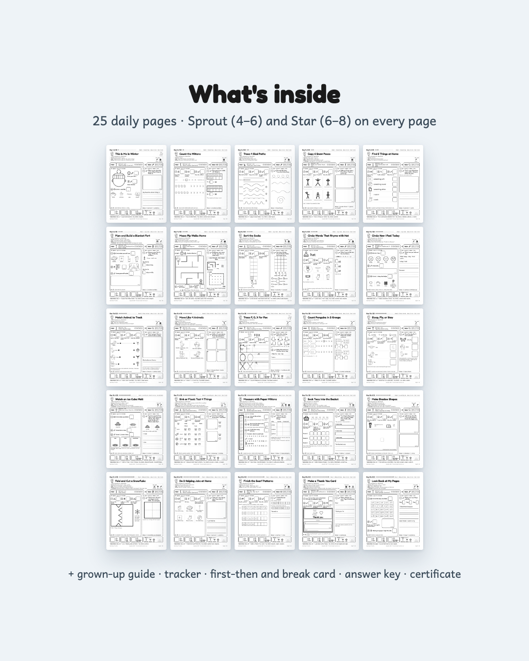 Grid of all 25 black-and-white daily activity pages from Winter Break Quiet Days, each with Sprout and Star levels
