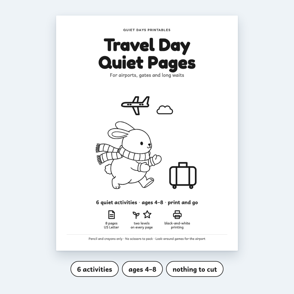 Travel Day Quiet Pages – Printable Activities for Kids 4–8 (PDF)