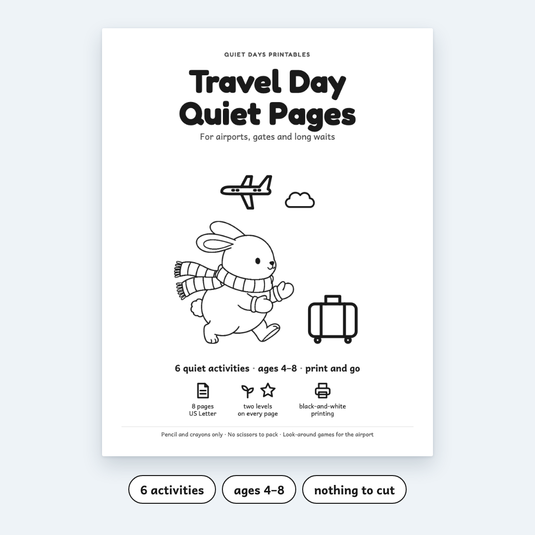 Travel Day Quiet Pages – Printable Activities for Kids 4–8 (PDF)