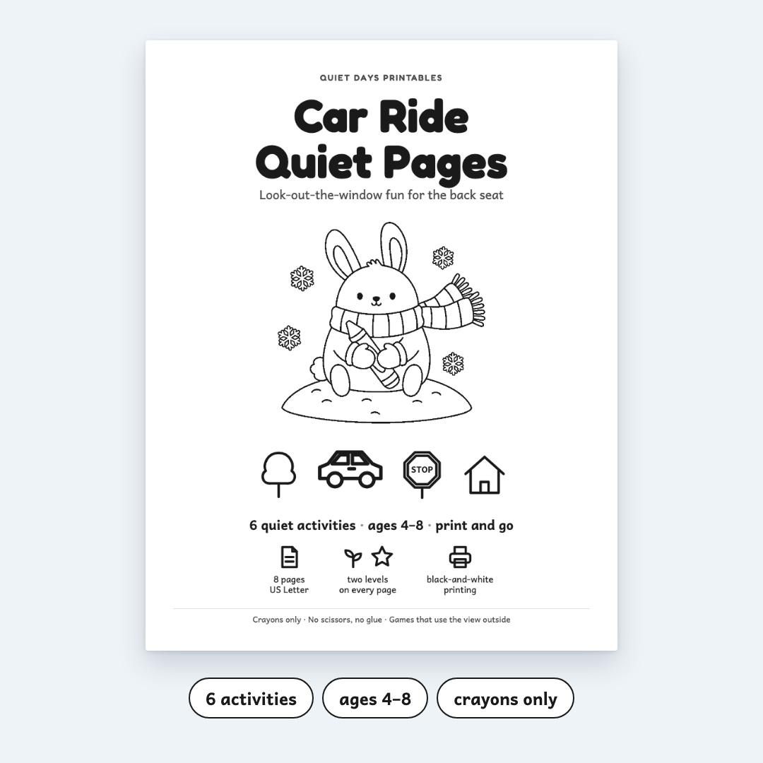 Car Ride Quiet Pages – Printable Activities for Kids 4–8 (PDF)