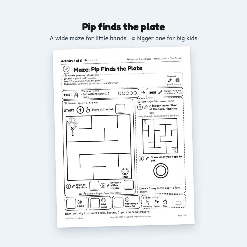 Restaurant Quiet Pages – Printable Activities for Kids 4–8 (PDF)