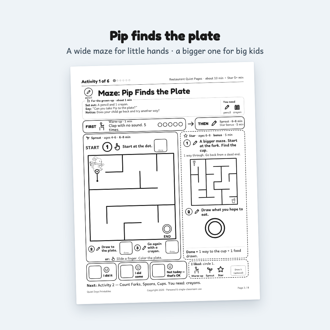 Restaurant Quiet Pages – Printable Activities for Kids 4–8 (PDF)