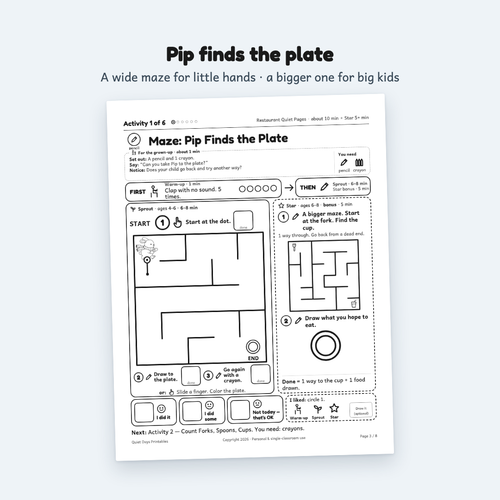 Restaurant Quiet Pages – Printable Activities for Kids 4–8 (PDF)