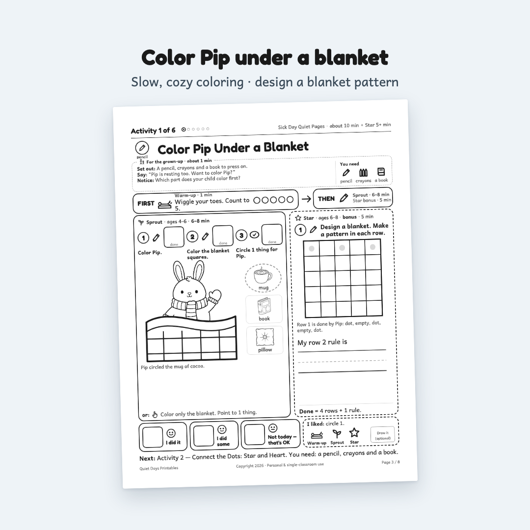 Sick Day Quiet Pages – Printable Activities for Kids 4–8 (PDF)
