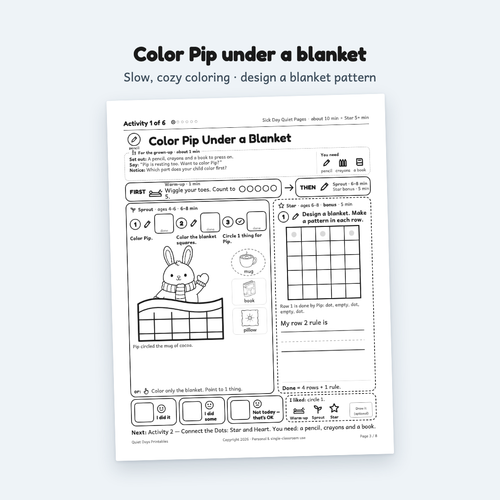 Sick Day Quiet Pages – Printable Activities for Kids 4–8 (PDF)