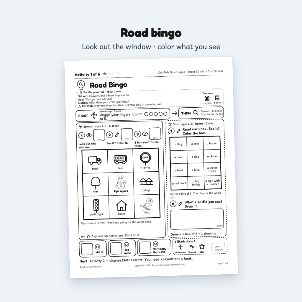 Car Ride Quiet Pages – Printable Activities for Kids 4–8 (PDF)