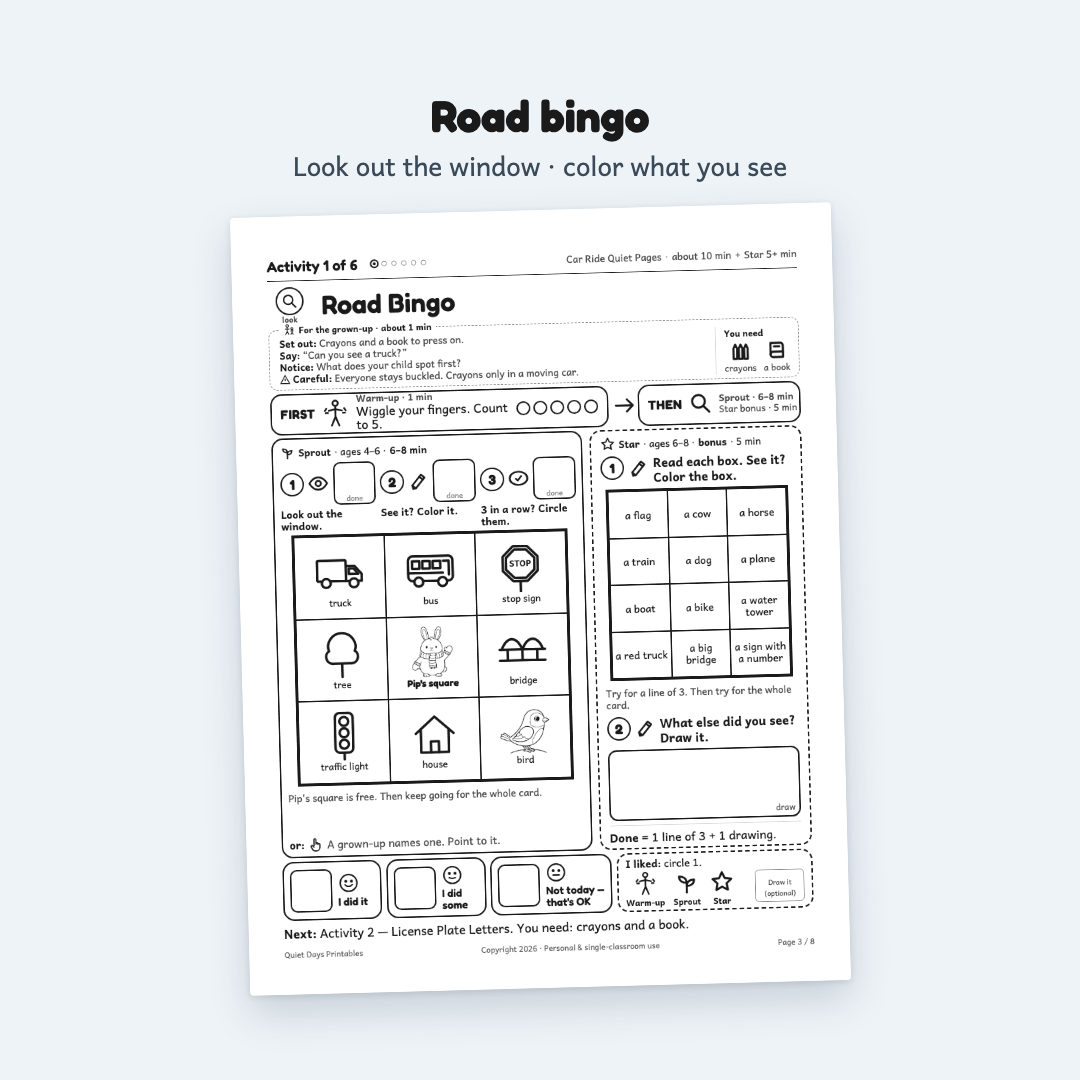 Car Ride Quiet Pages – Printable Activities for Kids 4–8 (PDF)