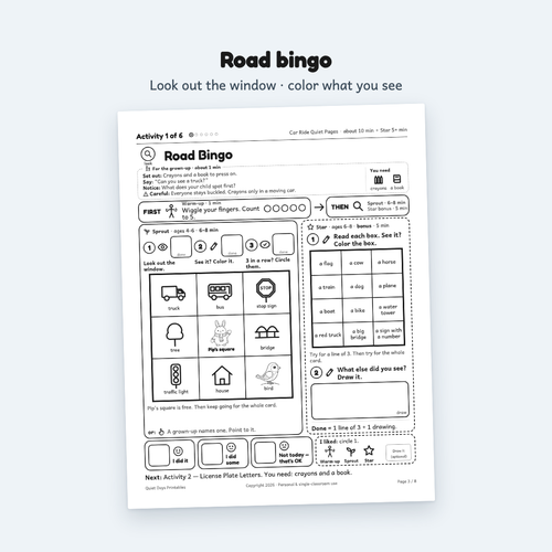 Car Ride Quiet Pages – Printable Activities for Kids 4–8 (PDF)