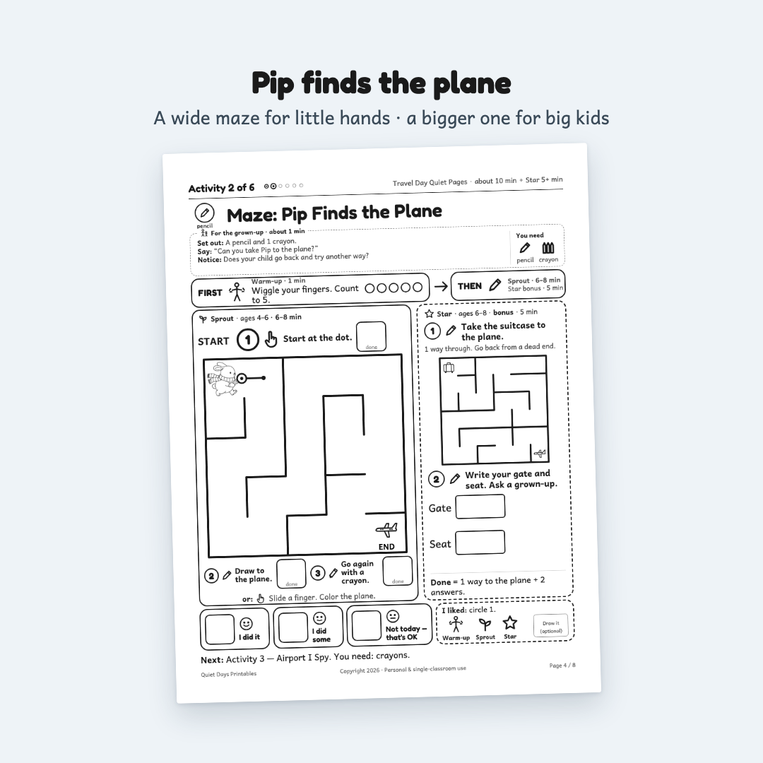 Travel Day Quiet Pages – Printable Activities for Kids 4–8 (PDF)