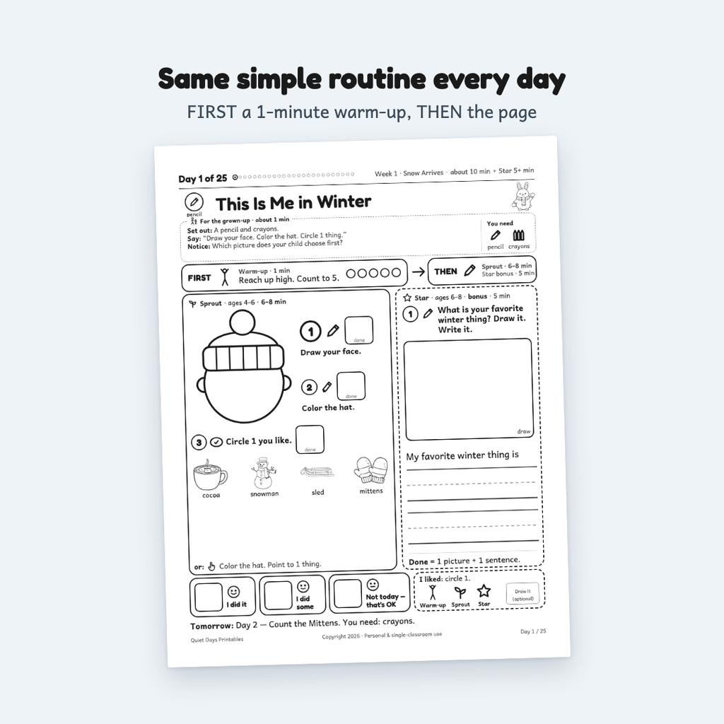 Day 1 page: same simple routine every day, Sprout ages 4–6 and Star ages 6–8