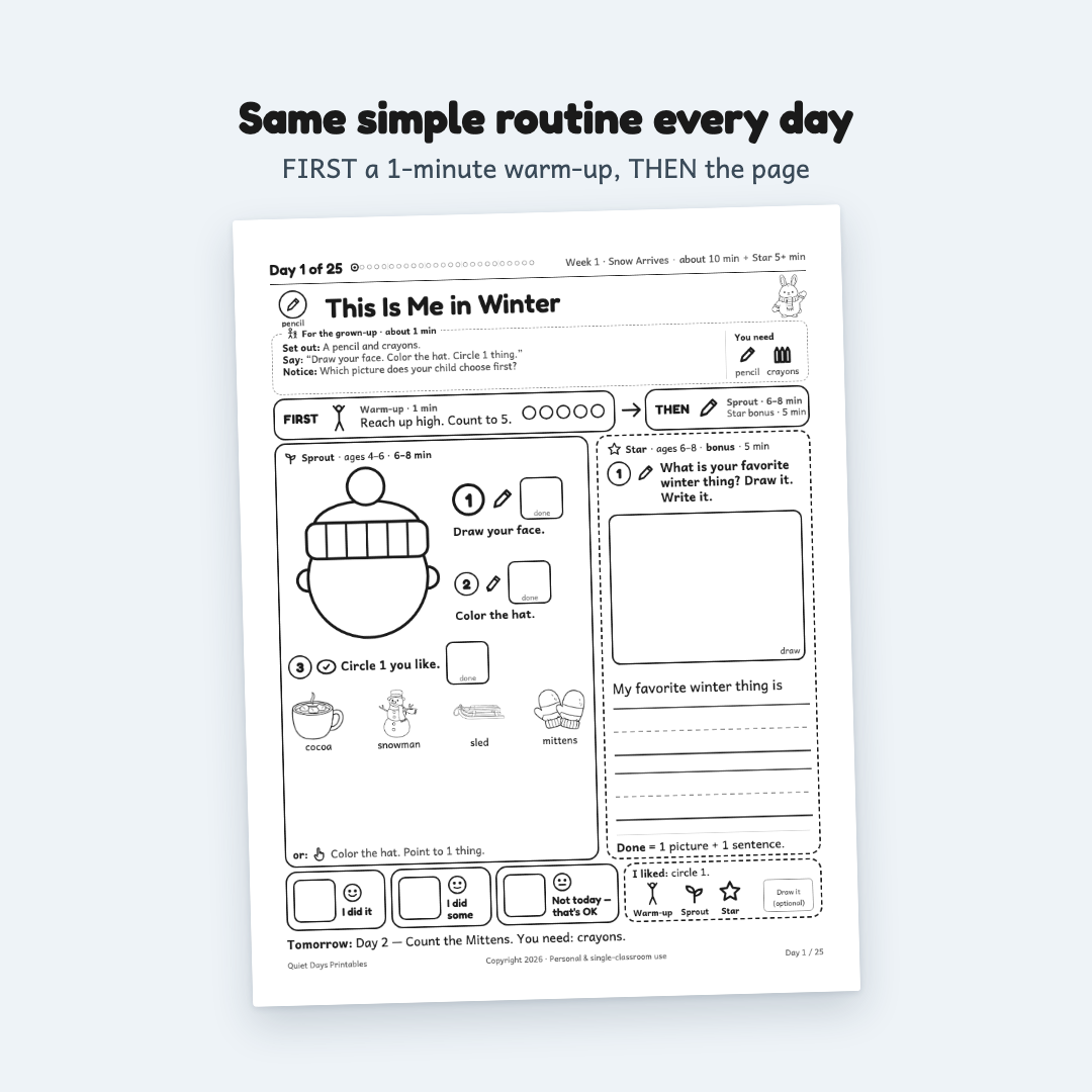 Day 1 page: same simple routine every day, Sprout ages 4–6 and Star ages 6–8