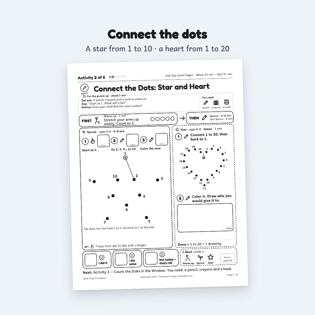 Sick Day Quiet Pages – Printable Activities for Kids 4–8 (PDF)