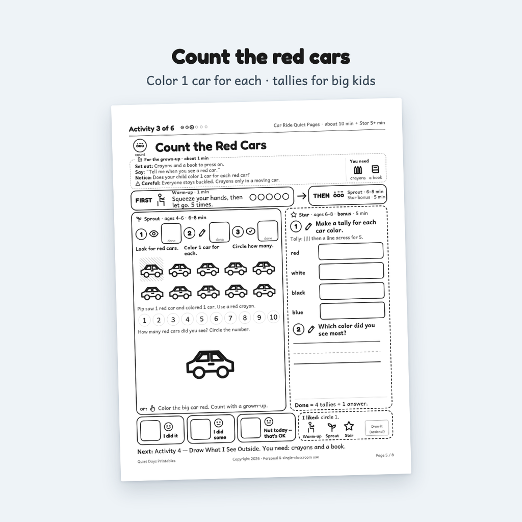 Car Ride Quiet Pages – Printable Activities for Kids 4–8 (PDF)