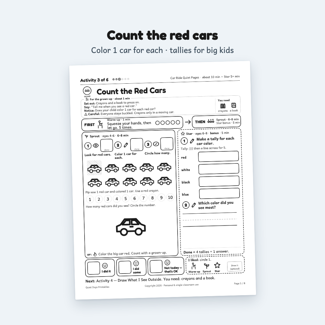 Car Ride Quiet Pages – Printable Activities for Kids 4–8 (PDF)