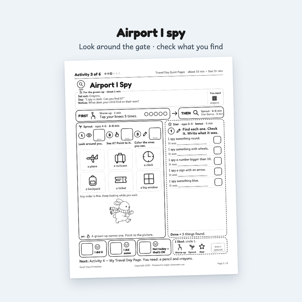 Travel Day Quiet Pages – Printable Activities for Kids 4–8 (PDF)