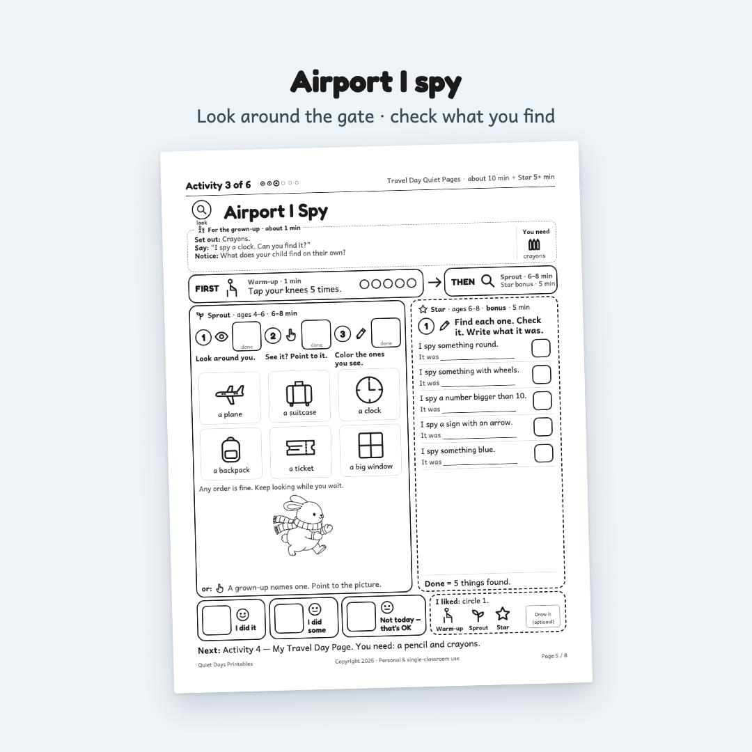 Travel Day Quiet Pages – Printable Activities for Kids 4–8 (PDF)