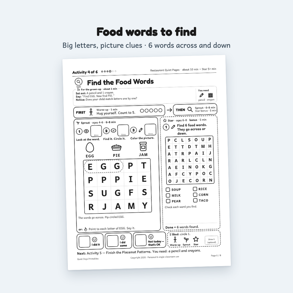 Restaurant Quiet Pages – Printable Activities for Kids 4–8 (PDF)