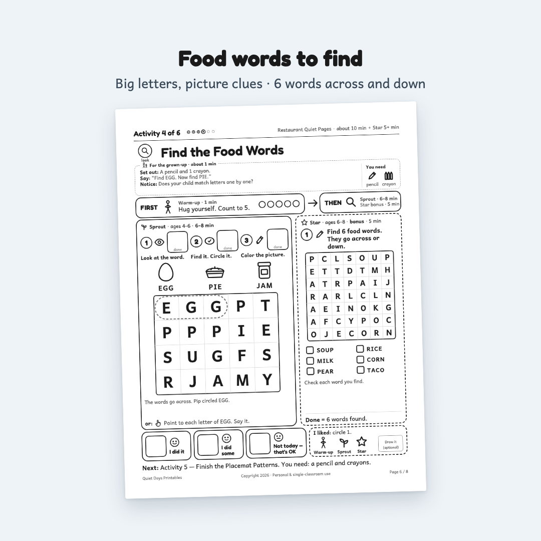 Restaurant Quiet Pages – Printable Activities for Kids 4–8 (PDF)