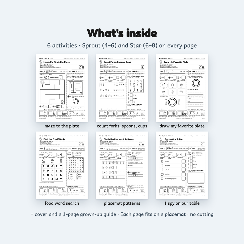 Restaurant Quiet Pages – Printable Activities for Kids 4–8 (PDF)