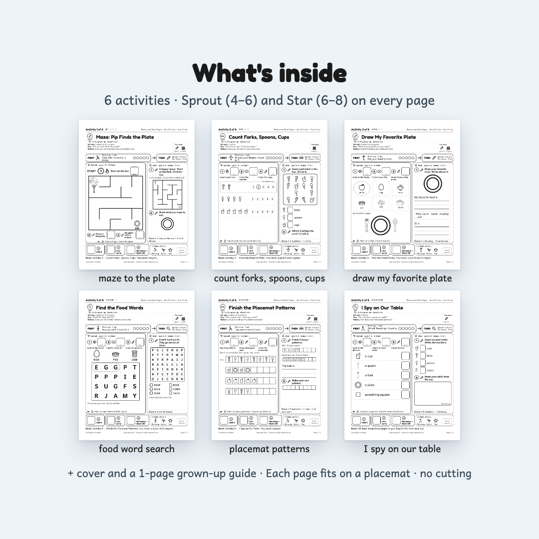 Restaurant Quiet Pages – Printable Activities for Kids 4–8 (PDF)