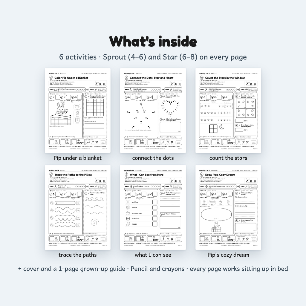 Sick Day Quiet Pages – Printable Activities for Kids 4–8 (PDF)