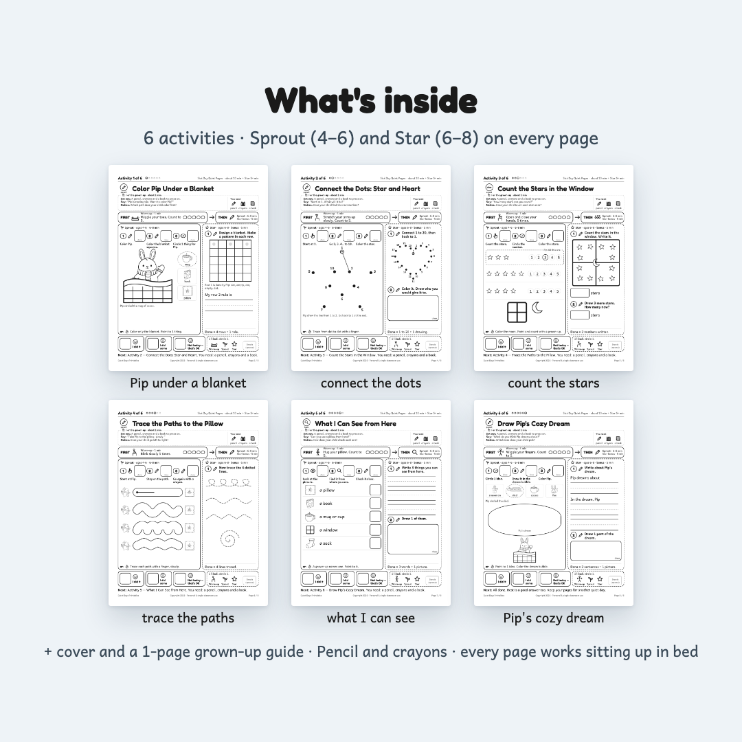 Sick Day Quiet Pages – Printable Activities for Kids 4–8 (PDF)
