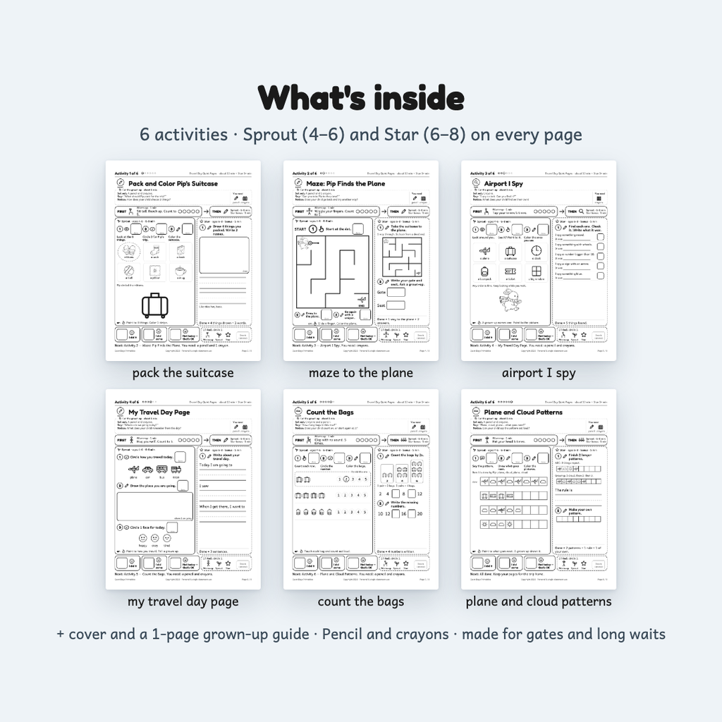 Travel Day Quiet Pages – Printable Activities for Kids 4–8 (PDF)