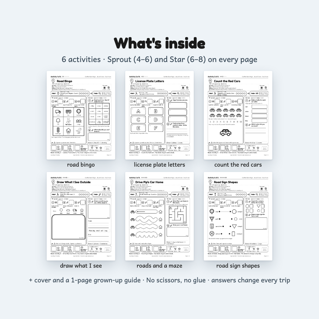 Car Ride Quiet Pages – Printable Activities for Kids 4–8 (PDF)