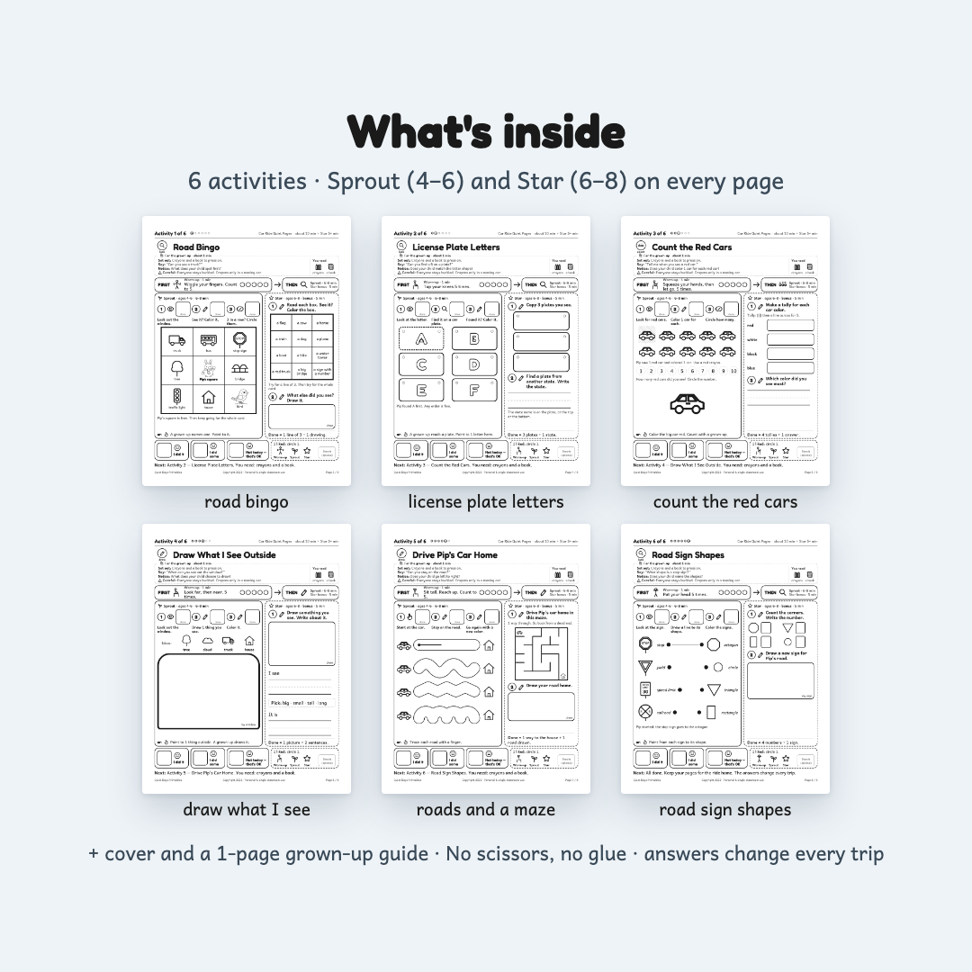 Car Ride Quiet Pages – Printable Activities for Kids 4–8 (PDF)