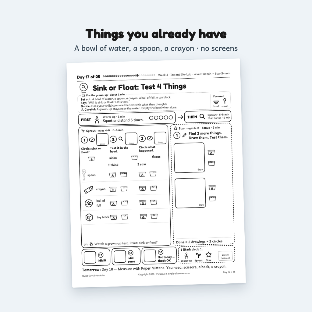 Day 17 Sink or Float page: test 4 things with a grown-up