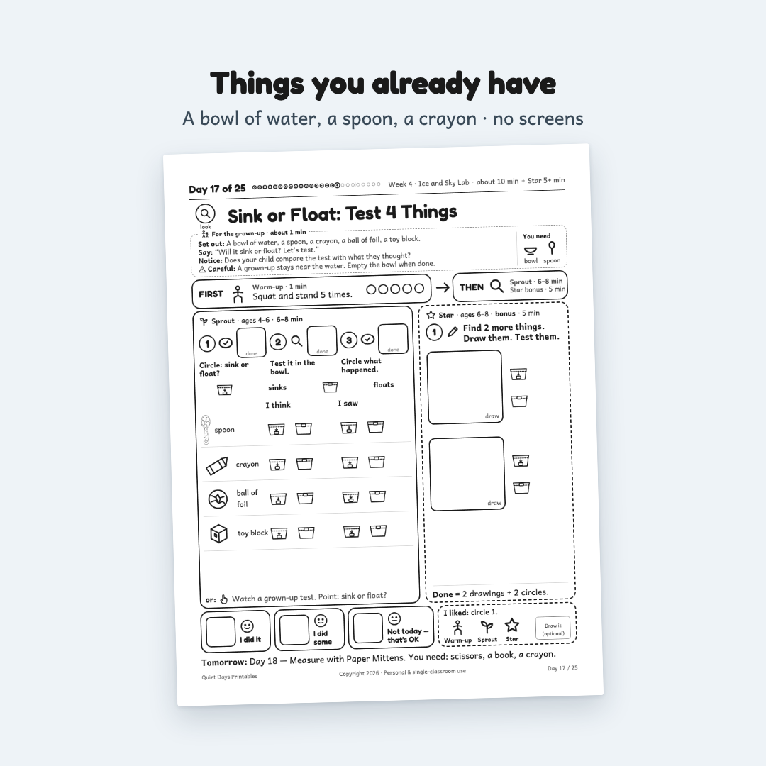 Day 17 Sink or Float page: test 4 things with a grown-up