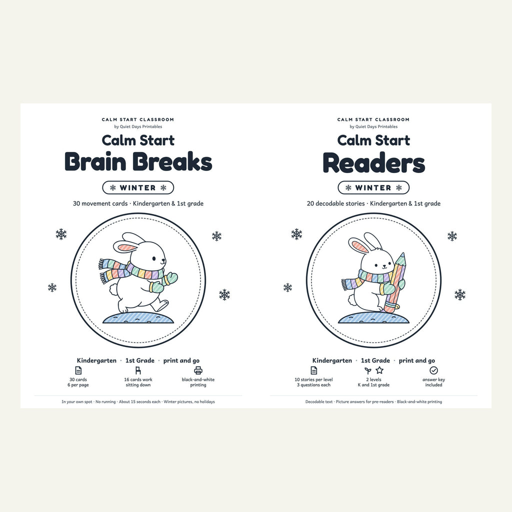 Calm Start Brain Breaks and Calm Start Readers covers (shown colored in)
