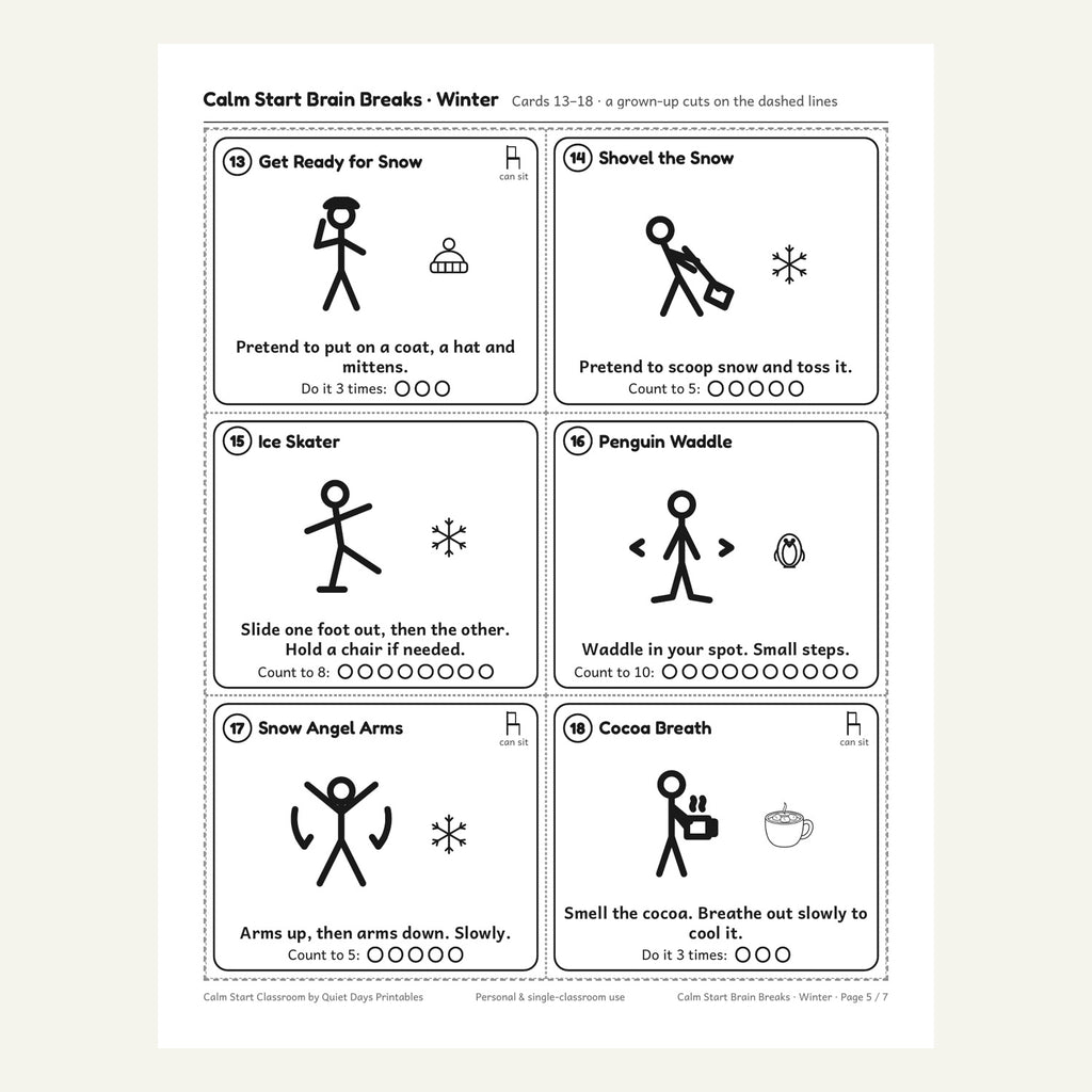 Brain break cards 13 to 18