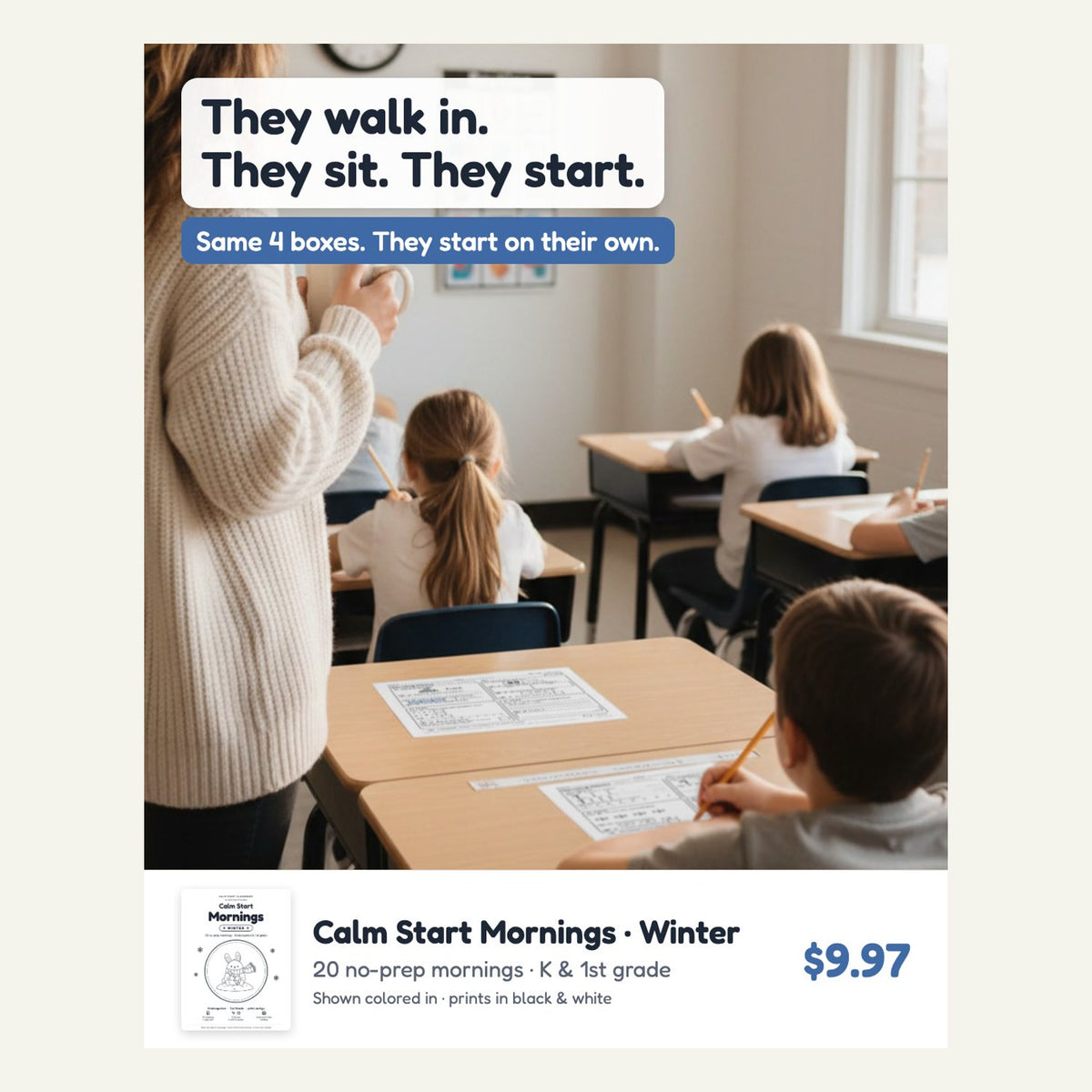 Teacher with a mug while students start the day's page at their desks (shown colored in)