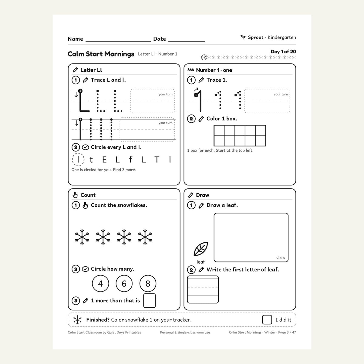 Day 1 Kindergarten page: letter, number, count and draw boxes