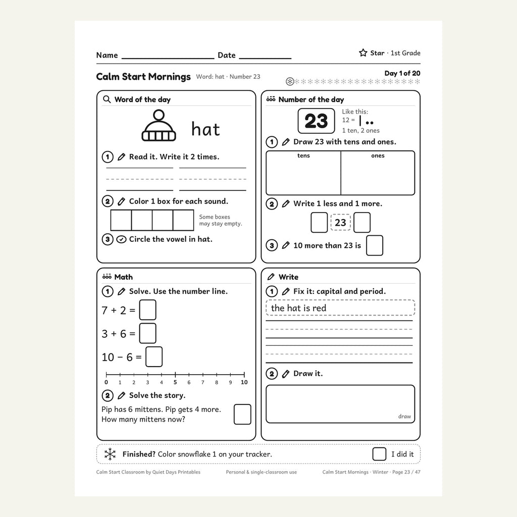 Day 1 1st grade page: word, number, math and write boxes