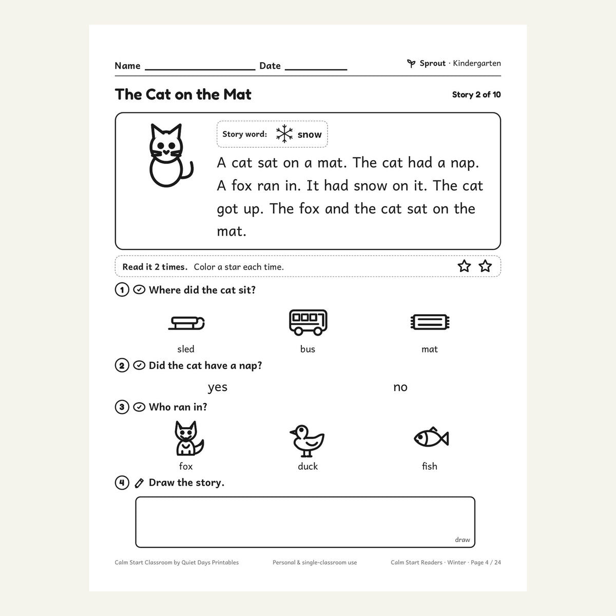 Kindergarten story page with 3 questions