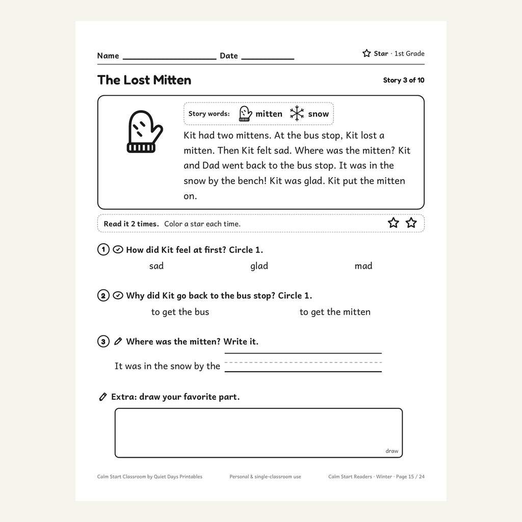 1st grade story page with 3 questions
