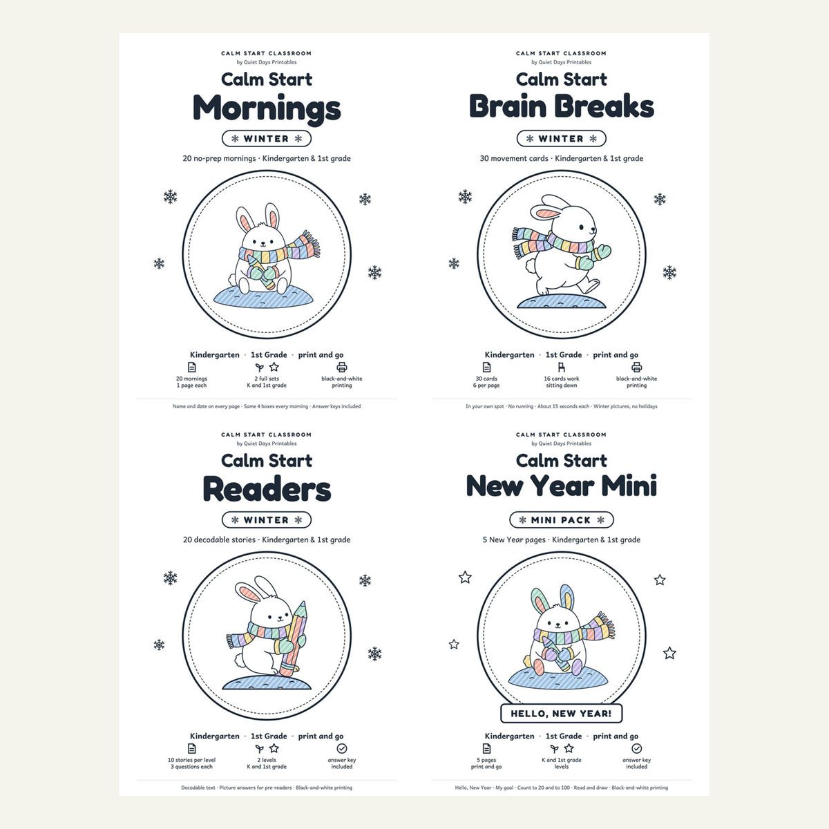 The four Calm Start Winter Bundle covers (shown colored in)