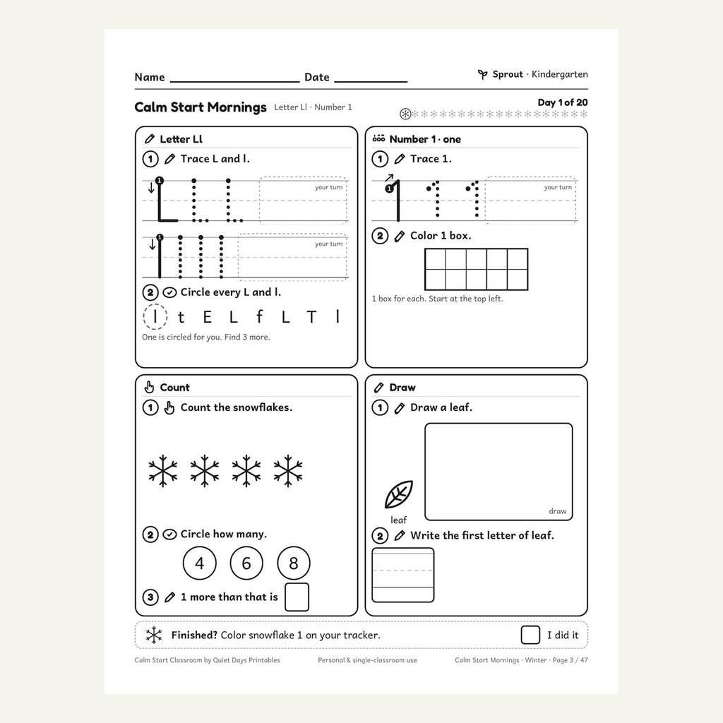 Day 1 Kindergarten page from Calm Start Mornings · Winter
