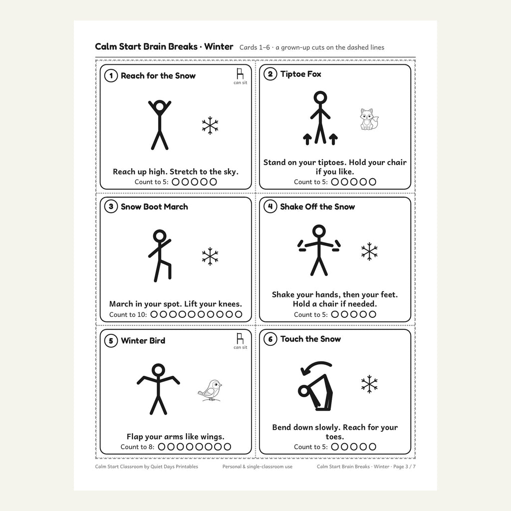 Brain break cards 1 to 6
