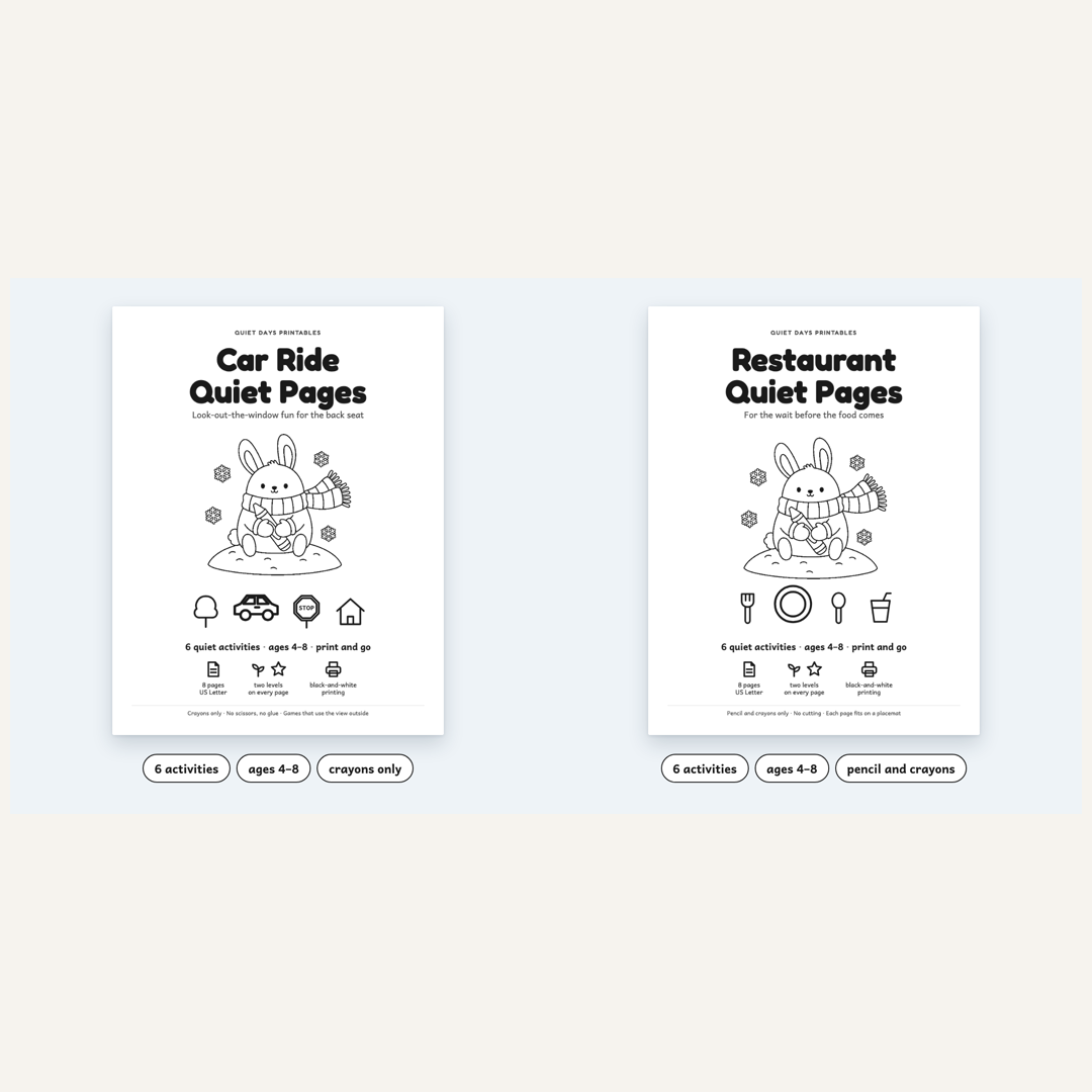 Car Ride and Restaurant Quiet Pages covers side by side