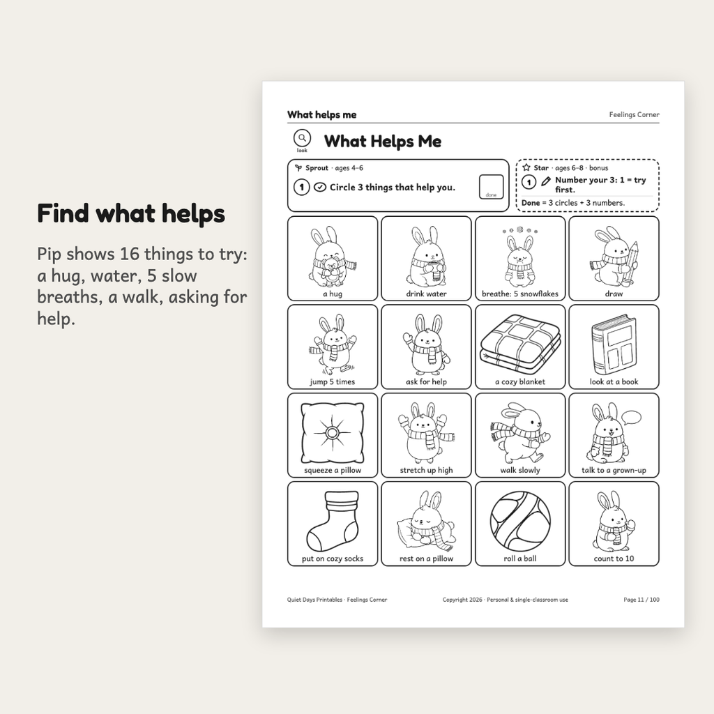 Feelings Corner page: Pip shows 16 things to try