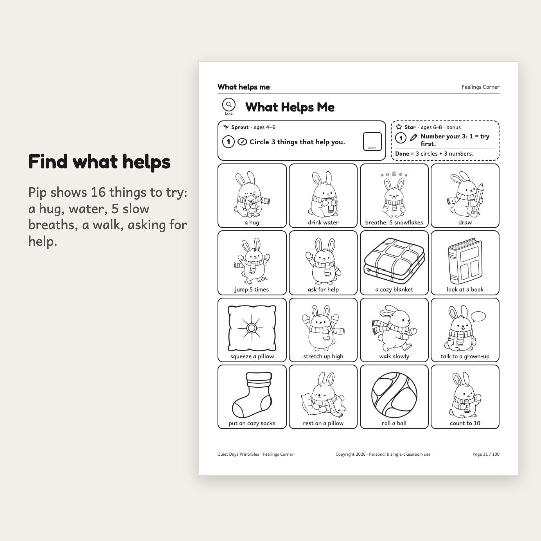 Feelings Corner page: Pip shows 16 things to try