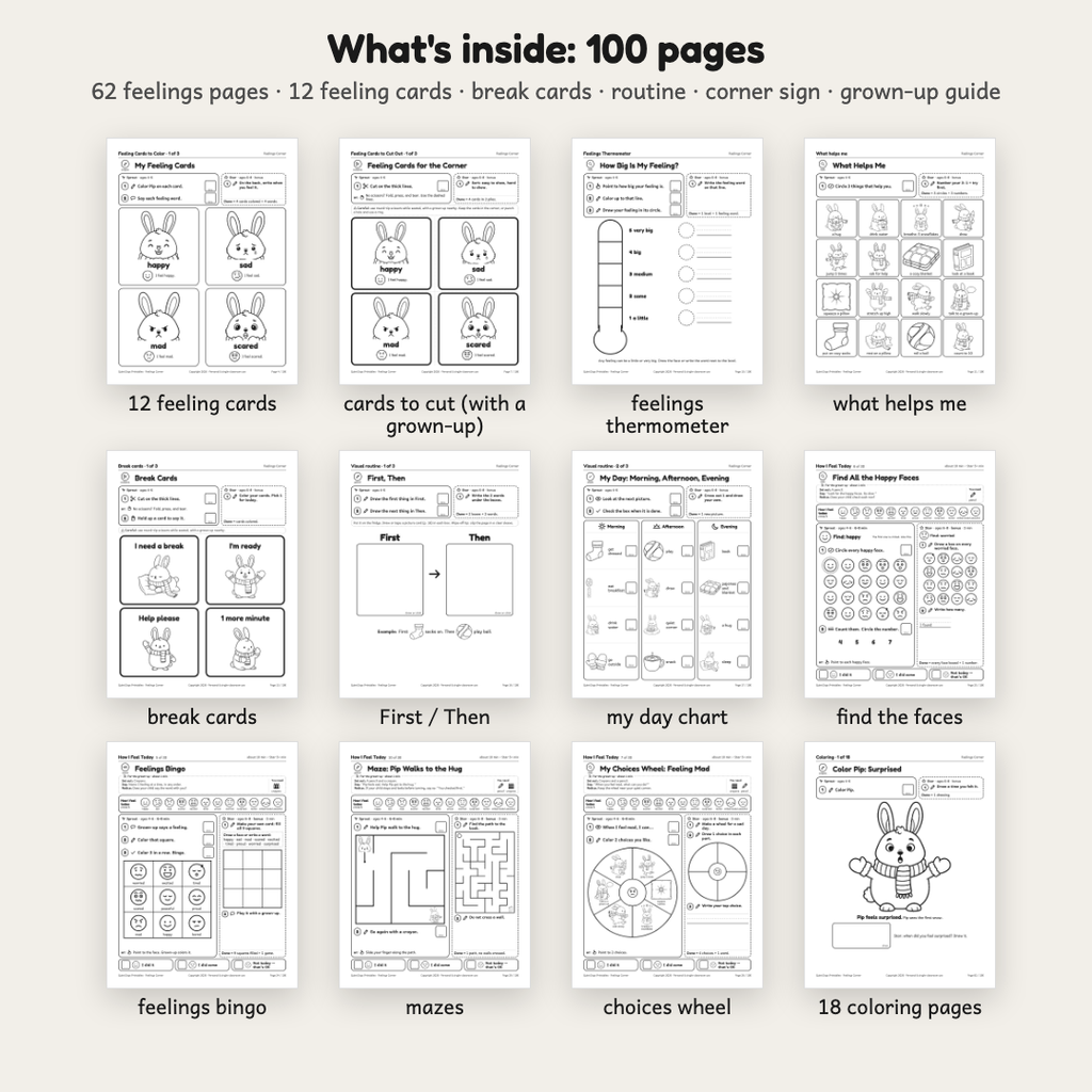 What is inside Feelings Corner: 62 feelings pages and 12 feeling cards