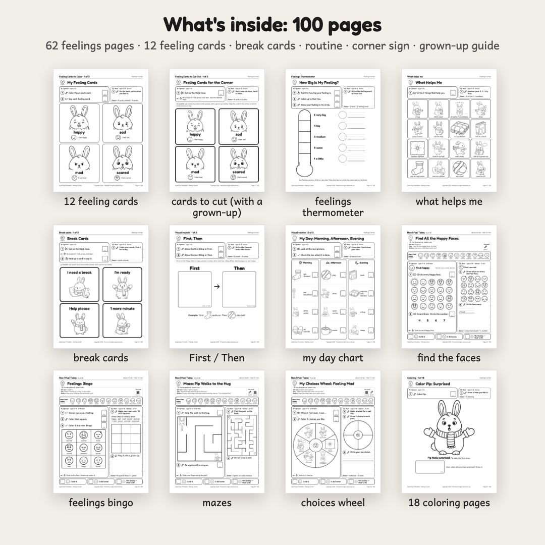 What is inside Feelings Corner: 62 feelings pages and 12 feeling cards