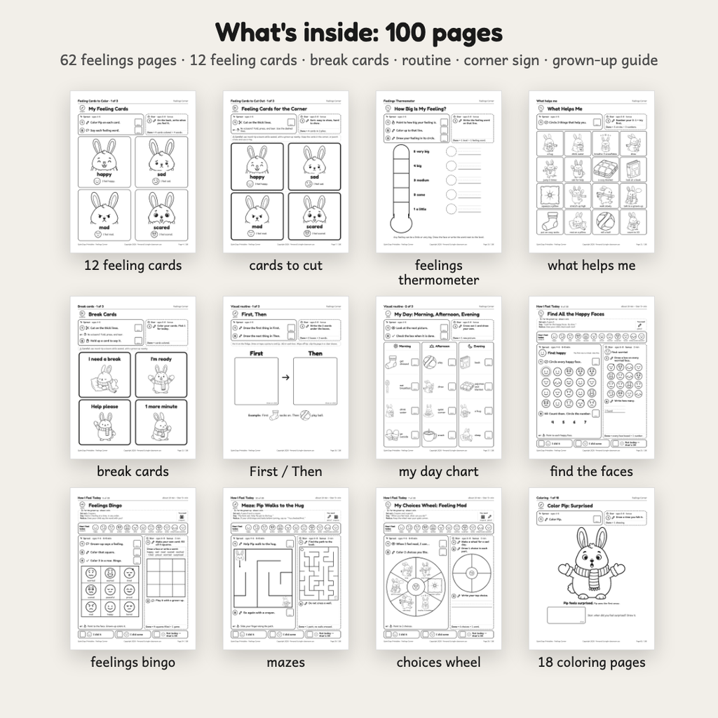 What is inside Feelings Corner: 62 feelings pages and 12 feeling cards