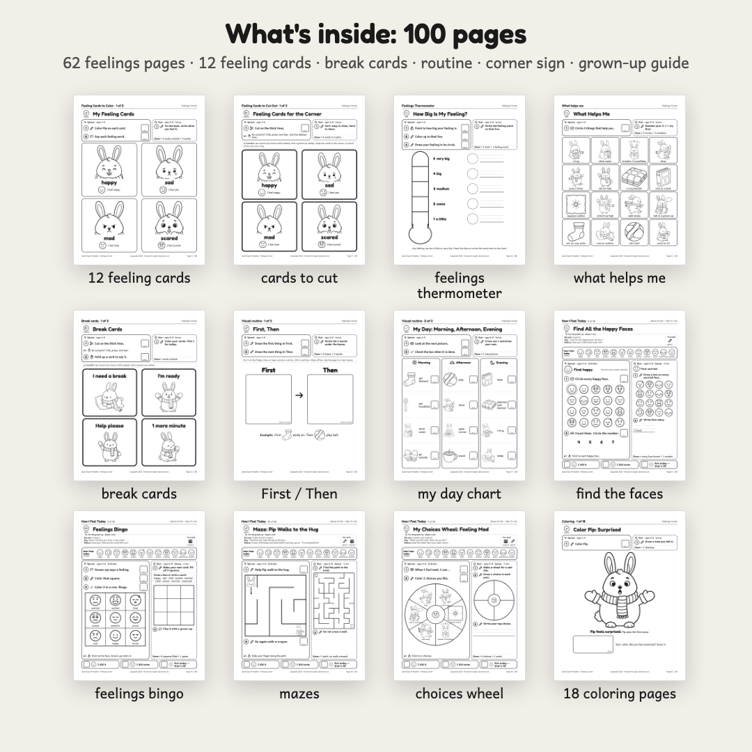 What is inside Feelings Corner: 62 feelings pages and 12 feeling cards