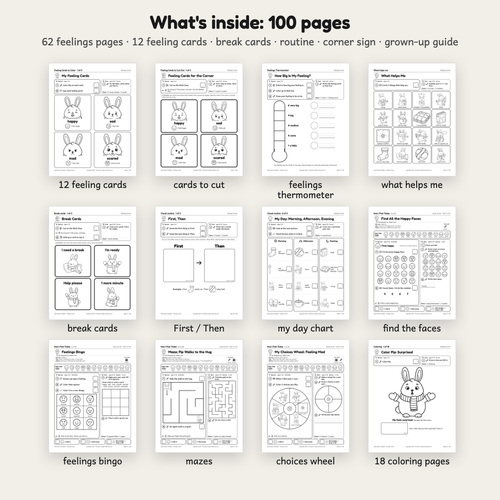 What is inside Feelings Corner: 62 feelings pages and 12 feeling cards
